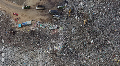 Garbage pile in trash dump or landfill abundance, Aerial view garbage truck unload garbage to a landfill, Biohazard global warming ecosystem