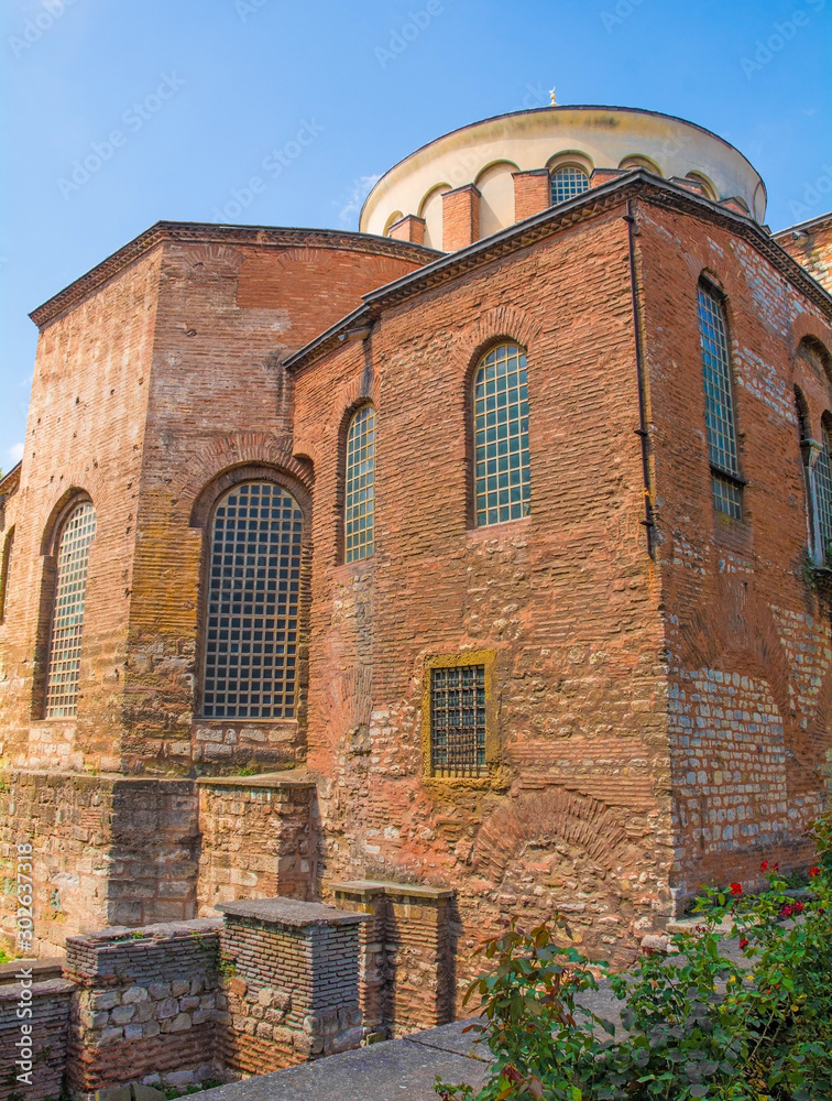 The exterior of the sixth century Hagia Eirene, also called Hagia Irene and Aya Irini, a Greek Eastern Orthodox church located in the outer courtyard of Topkapı Palace, Istanbul, Turkey