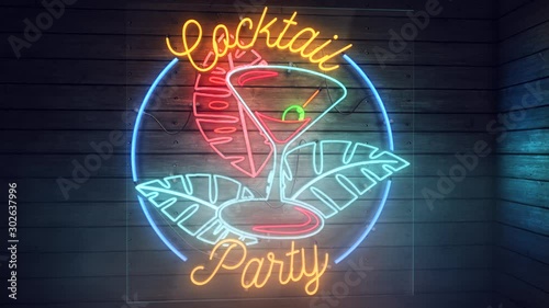 Realistic 3D render of a vivid and vibrant animated neon sign, with the words Cocktail Party, in a smokey interior scene with wood panelled wall background