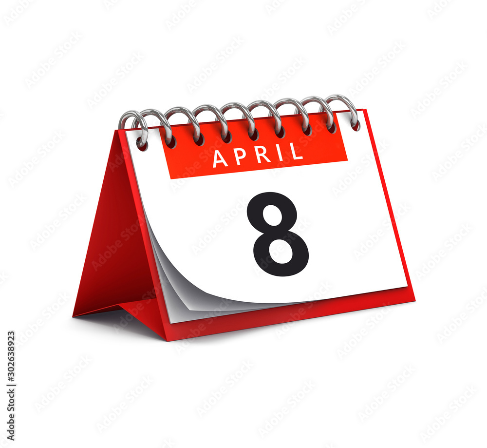 3D rendering of red desk paper spring month of April 8 date - calendar page isolated on whit 3D rendering of red desk paper spring month of April 8 date - calendar page isolated on whit