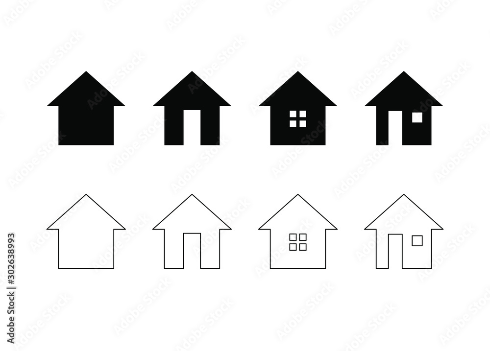 Home icon set. House symbol with door and window. Black building logo outline and fill silhouette. Isolated on white background. Vector illustration image.