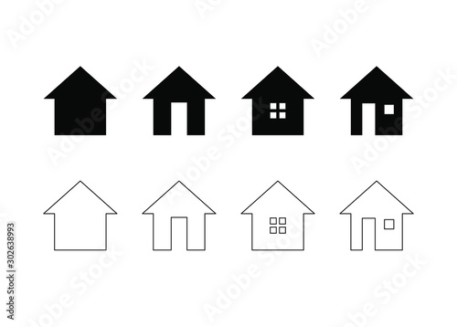 Home icon set. House symbol with door and window. Black building logo outline and fill silhouette. Isolated on white background. Vector illustration image. © Antti