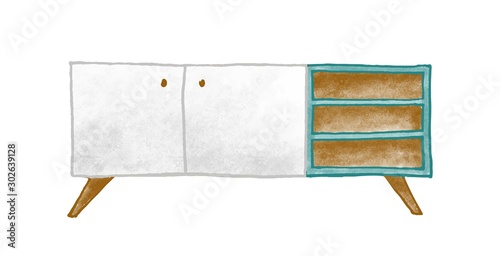 Wooden furniture vector illustration. Colorful bedside table isolated on white background. Stylish nightstand with shelves. Retro commode. Vintage home interior element in classic design.