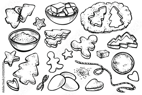 Sketch set with forms for cookies and christmas cookies. Vector illustration of Baking gingerbread.