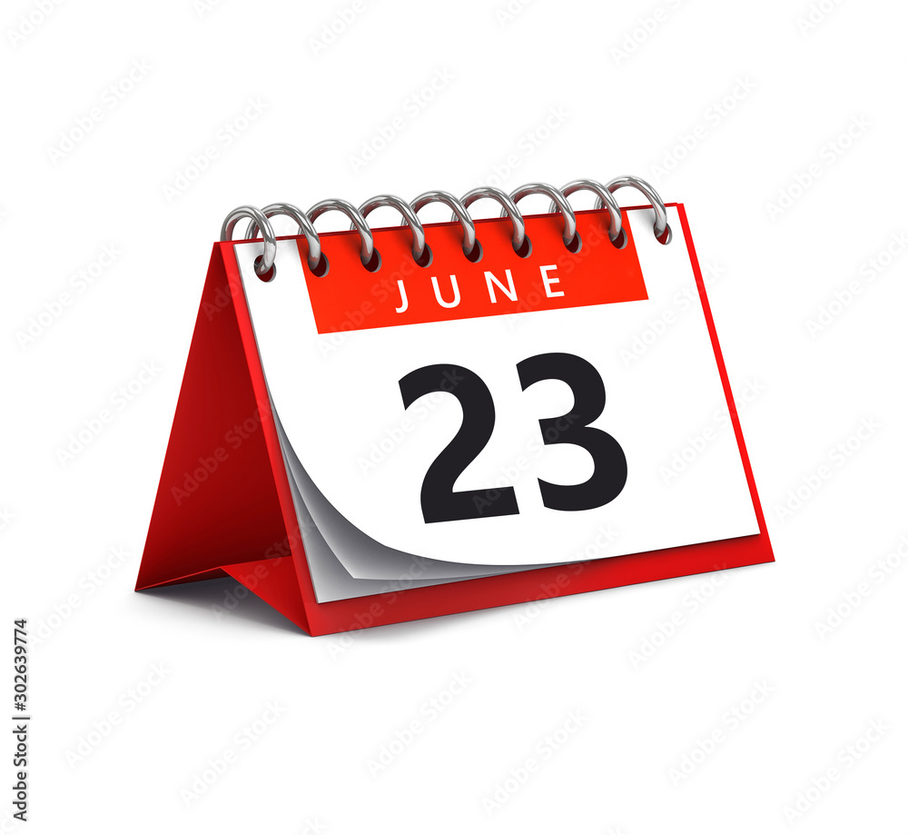 3D rendering of red desk paper summer month of June 23 date - calendar page isolated on whit 3D rendering of red desk paper summer month of June 23 date - calendar page isolated on whit