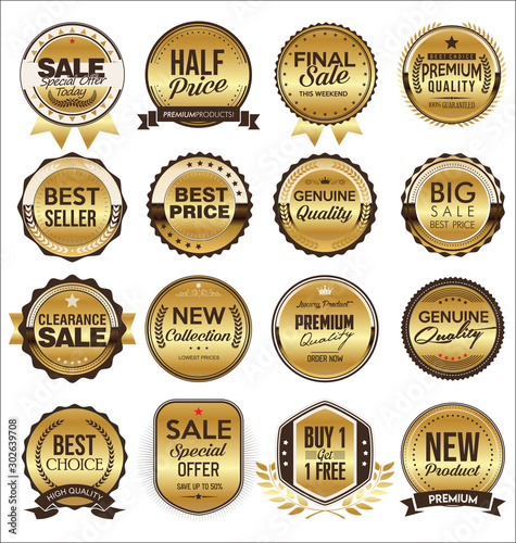 Collection of golden flat shields badges and labels retro style