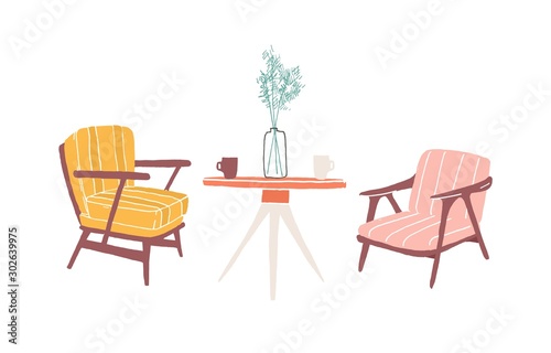 Table and armchairs hand drawn vector illustration. Living room furnishing, home retro interior items. Soft vintage chairs and round table drawing. Old-fashioned furniture isolated on white background