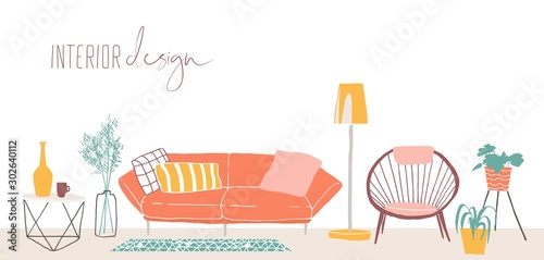 Modern home interior design hand drawn vector illustration. Trendy retro style apartment furnishing concept. Vintage living room furniture, sofa, chair, floor lamp and houseplants isolated on white.