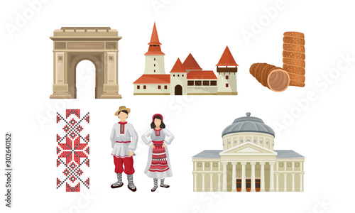 National Food, Architecture And Culture Of Romania Vector Illustration Set Isolated On White Background