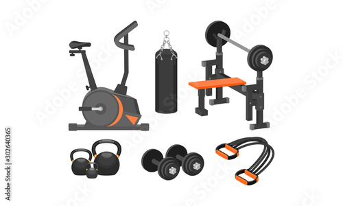 Fitness Equipment And Accessories For Gym And Sports Vector Illustartion Set Isolated On Whiote Background