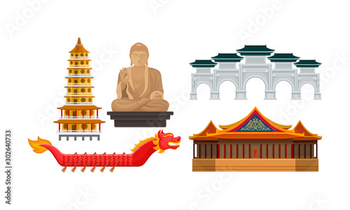 Traditional Chinese Architecture, Culture And Attractions Vector Illustration Set Isolated On White Background