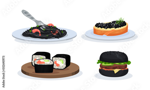 Set With Snacks With Components Of Black Color Vector Illustration
