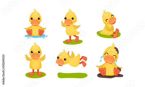 Cute Yellow Ducks In Different Poses Vector Illustration Set Cartoon Character