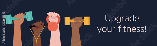 Hands hold dumbbells on black background and Healthy Lifestyle title. Sport revolution concept. Vector colorful illustration in flat design.