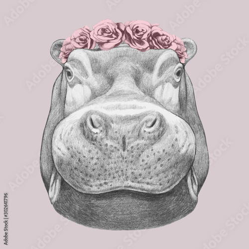 Portrait of Hippo with floral head wreath. Hand-drawn illustration. Vector isolated elements.	