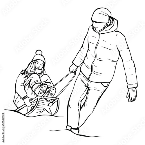 Hand drawn romantic winter scene. Sketch happy young couple having fun, sledding