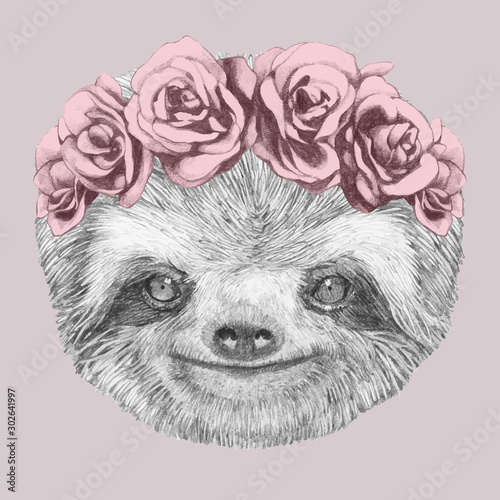 Portrait of Sloth with floral head wreath. Hand-drawn illustration. Vector isolated elements.	