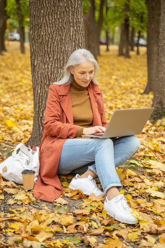 Lady using her laptop in a park