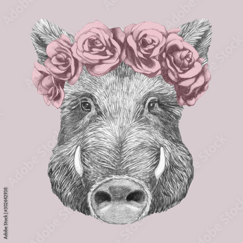 Portrait of Boar with floral head wreath. Hand-drawn illustration. Vector isolated elements.	