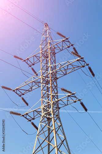 High-voltage power lines.Electricity pylon.Power Tower.Distribution electric substation with power lines and transformers.