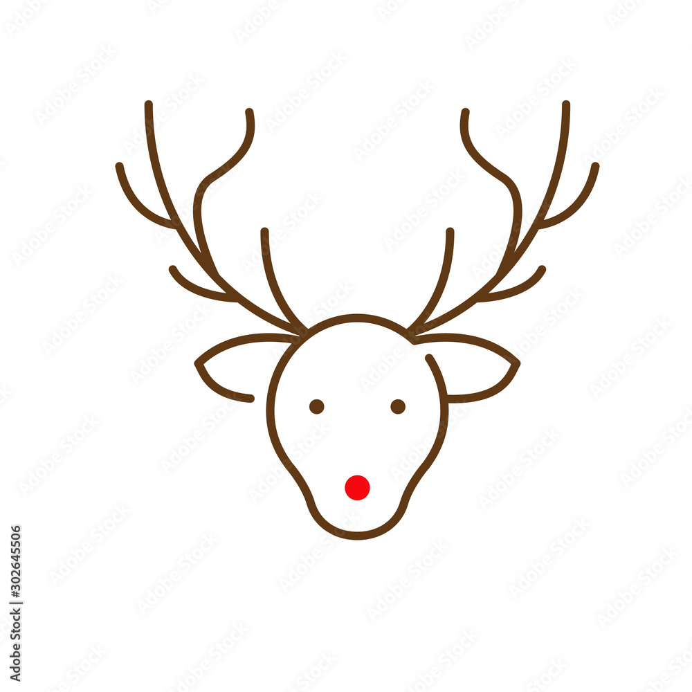 Icono navideño lineal con la cabeza del reno Rodolfo en color marrón con  nariz roja Stock Vector | Adobe Stock