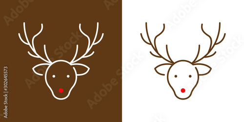 Icono navideño lineal con la cabeza del reno Rodolfo en fondo marrón y blanco con nariz roja