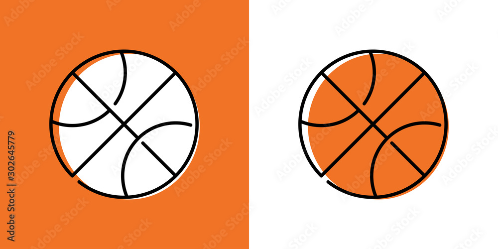 Icono plano lineal pelota de baloncesto vista superior en fondo naranja y fondo blanco