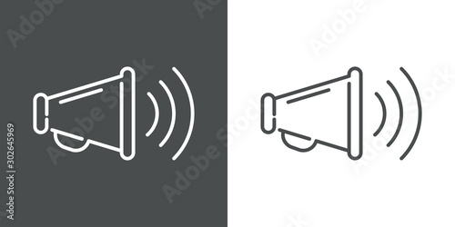 Icono plano lineal megáfono con ondas en fondo gris y fondo blanco