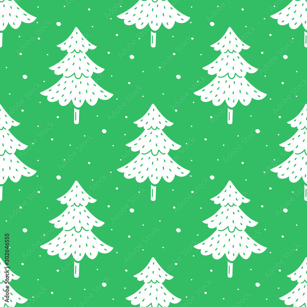 Christmas, New Year vector seamless pattern. Hand drawn flat christmas trees print. Green background. Christmas, New Year vector seamless pattern. Hand drawn flat christmas trees print. Green background.