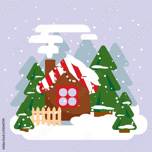 Christmas gingerbread house with a roof a striped lollipop on the roof in the forest with fir trees. Snow and snowflakes. Flat style. Vector.
