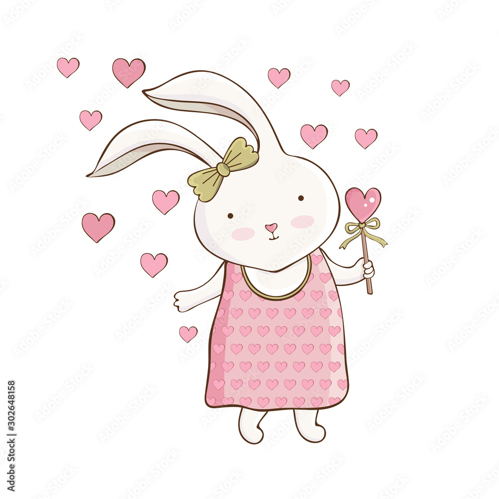 Cute cartoon Easter Bunny in vector. Little rabbit girl holding heart. Vintage hand drawn style. Kawaii funny animal. Happy character. Greeting card for Easter, Valentine's day, birthday. Stock Vector | Adobe Stock Cute cartoon Easter Bunny in vector. Little rabbit girl holding heart. Vintage hand drawn style. Kawaii funny animal. Happy character. Greeting card for Easter, Valentine's day, birthday. Stock Vector | Adobe Stock