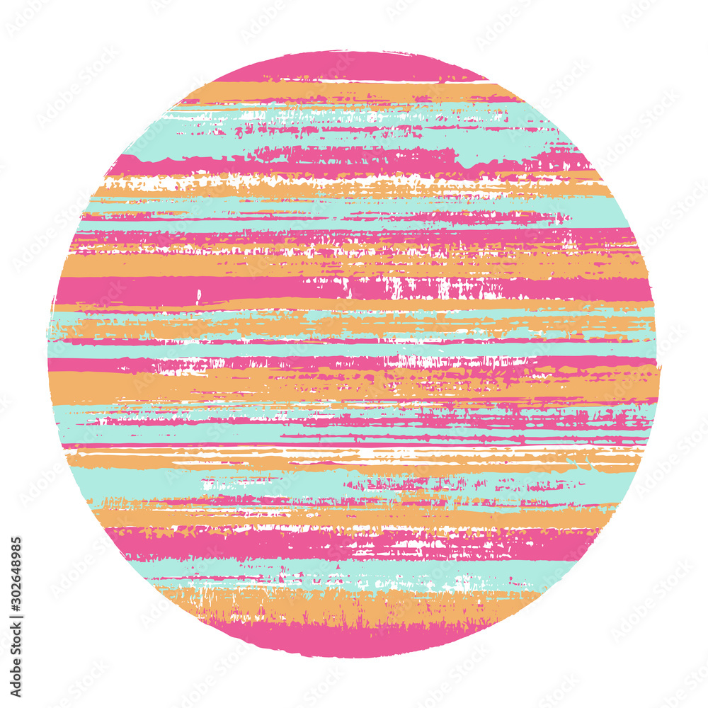 Modern circle vector geometric shape with striped texture of ink horizontal lines. Planet concept with old paint texture. Emblem round shape circle logo element with grunge background of stripes.