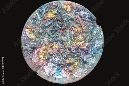Fototapeta Naklejka Na Ścianę i Meble -  Petri - a modern technique in painting, is created by adding alcoholic ink to epoxy. After hardening, drops of ink harden and look like a plexus of algae, caramel reefs, and the seabed.