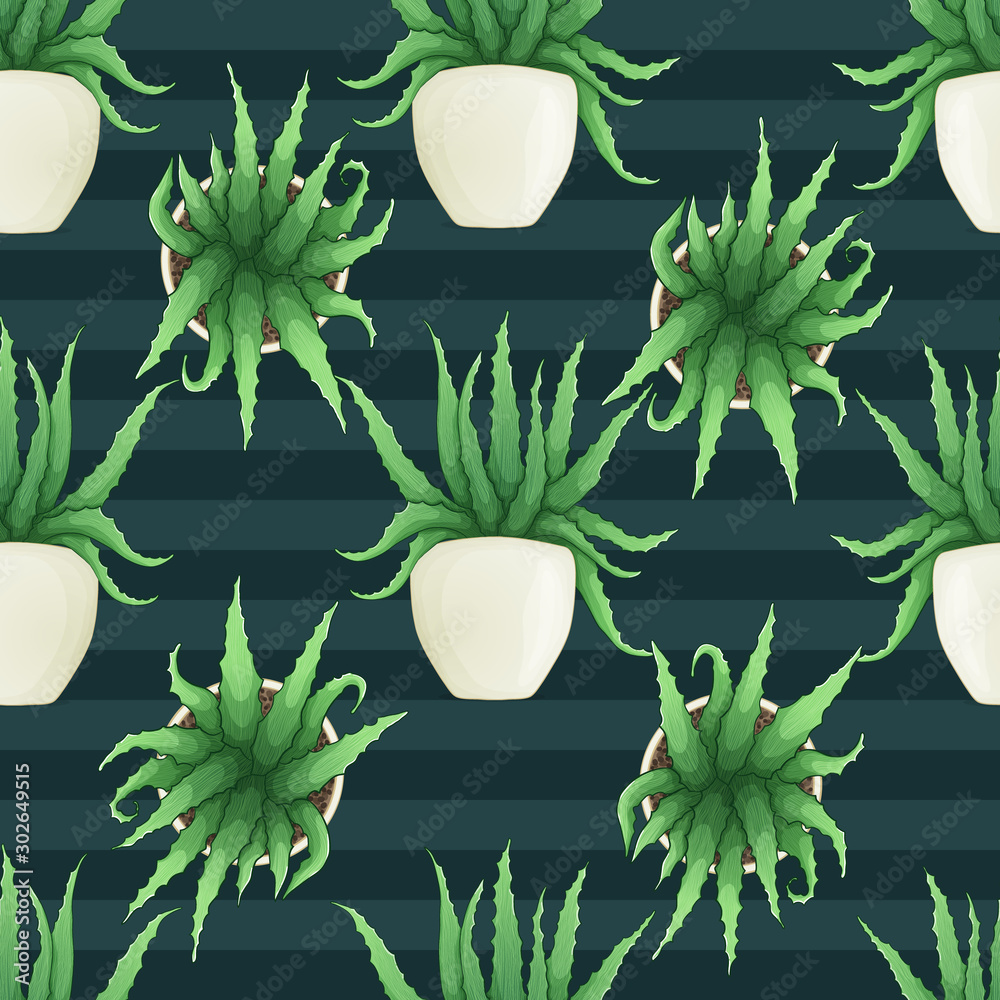 Aloe vera in plants pots hand drawn vector seamless pattern on stripes ...