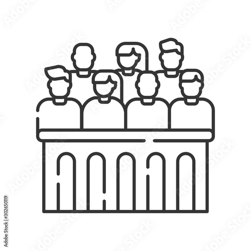 Jury trial line black icon. Courthouse concept. decision on a disputed issue in a civil or criminal case or an inquest.
