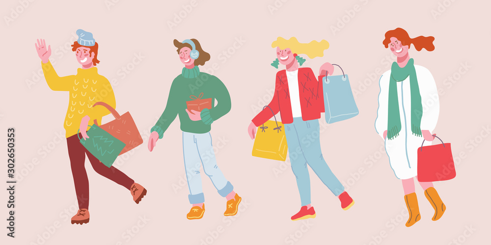 People group on Christmas Winter holidays shopping. Men and women with Shopping presents bags and gift boxes preparing for Xmas and New Year Holidays. Flat cartoon vector illustrations set isolated.