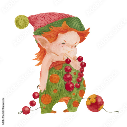 Christmas elf story, elf decorating New Year Tree, traced watercolor