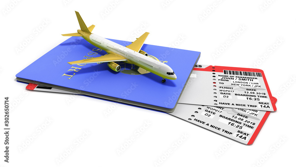 Modern World traveling world concept passport with airline tickets and airplane 3d render on white