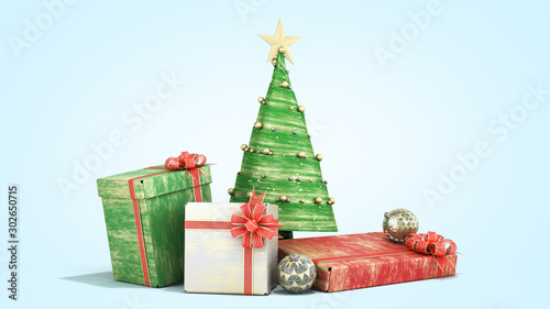 new year decorative Christmas tree and new year Gift Boxes 3d render on blue gradient