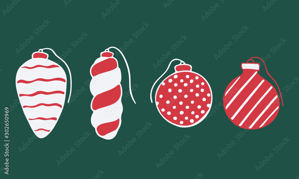 Vector hand drawn doodle illustration of Christmas tree ornaments set. New Year and Christmas tree decoration isolated on dark green background. Design element, poster or greeting card template Vector hand drawn doodle illustration of Christmas tree ornaments set. New Year and Christmas tree decoration isolated on dark green background. Design element, poster or greeting card template