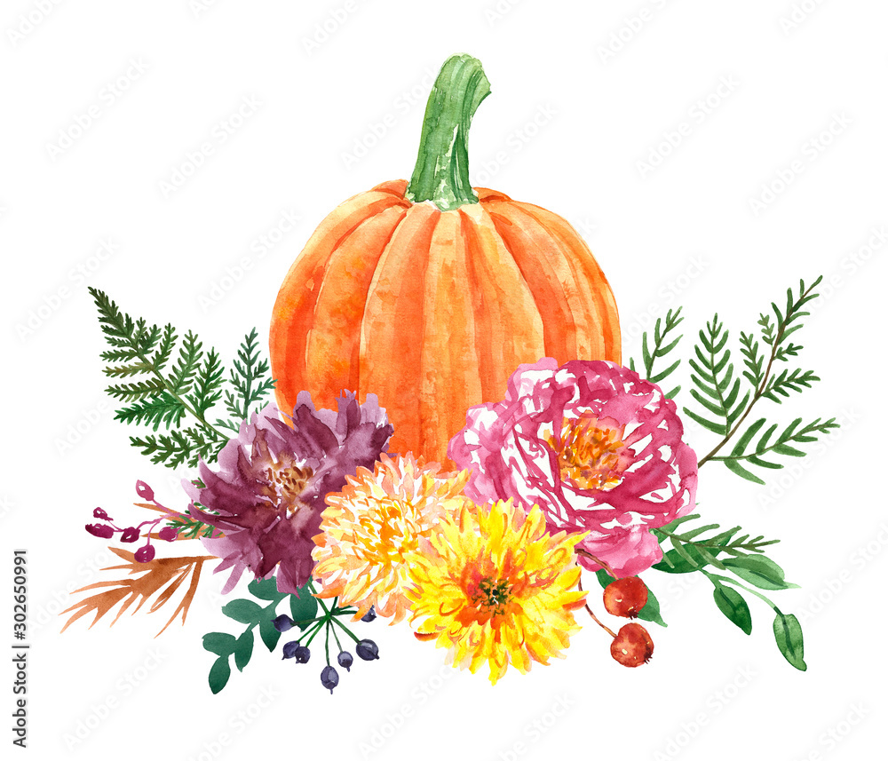 Watercolor decorative fall bouquet with orange pumpkin and flowers arrangement, isolated on white background. Holiday Thanksgiving day decor in rustic style. Hand painted illustration - obrazy, fototapety, plakaty 