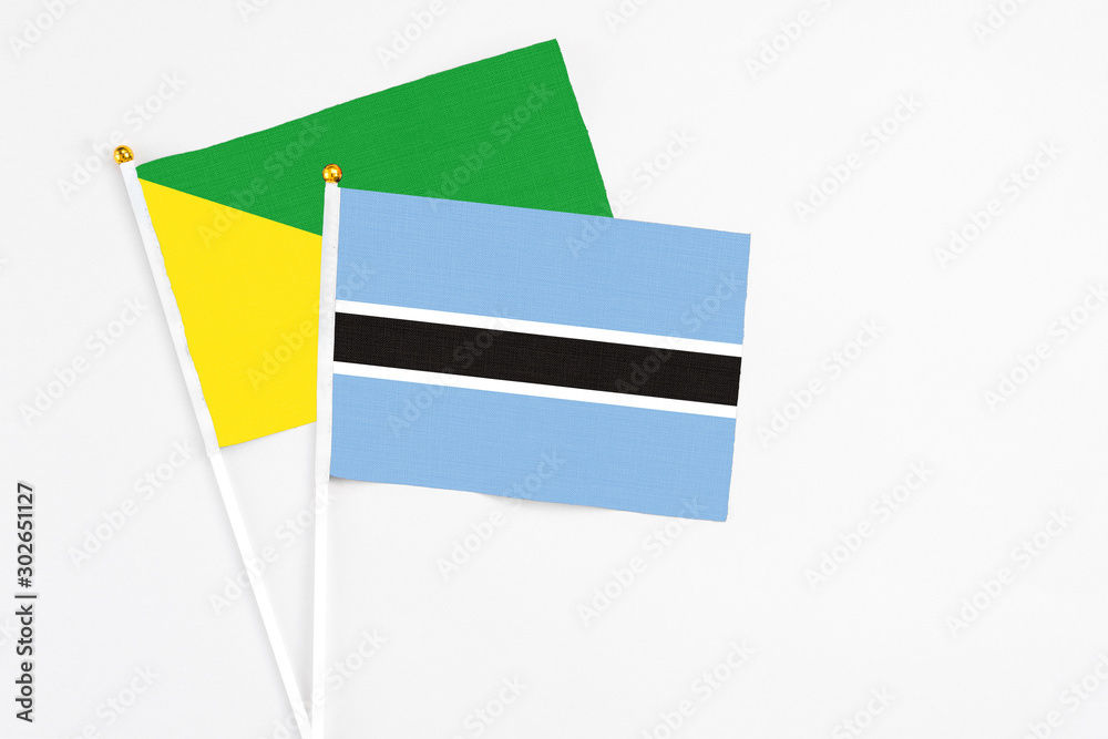 Botswana and French Guiana stick flags on white background. High quality fabric, miniature national flag. Peaceful global concept.White floor for copy space. Botswana and French Guiana stick flags on white background. High quality fabric, miniature national flag. Peaceful global concept.White floor for copy space.