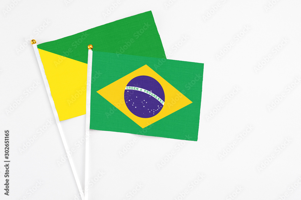 Brazil and French Guiana stick flags on white background. High quality fabric, miniature national flag. Peaceful global concept.White floor for copy space.