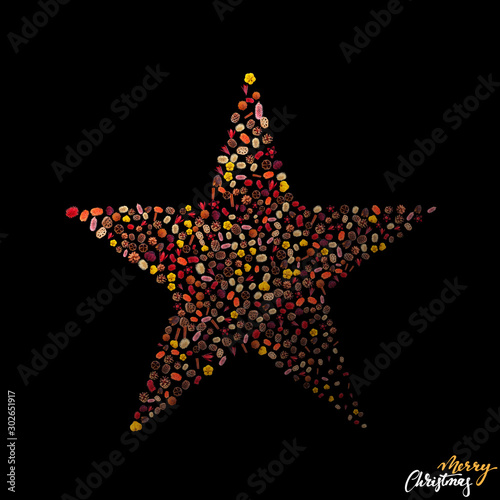 Minimalistic christmas card design on black background with one star