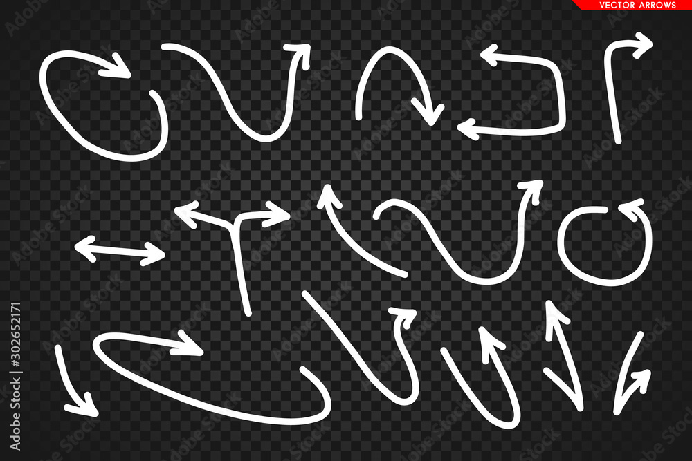 Arrows vector. Hand drawn arrows isolated on dark transoarent background.