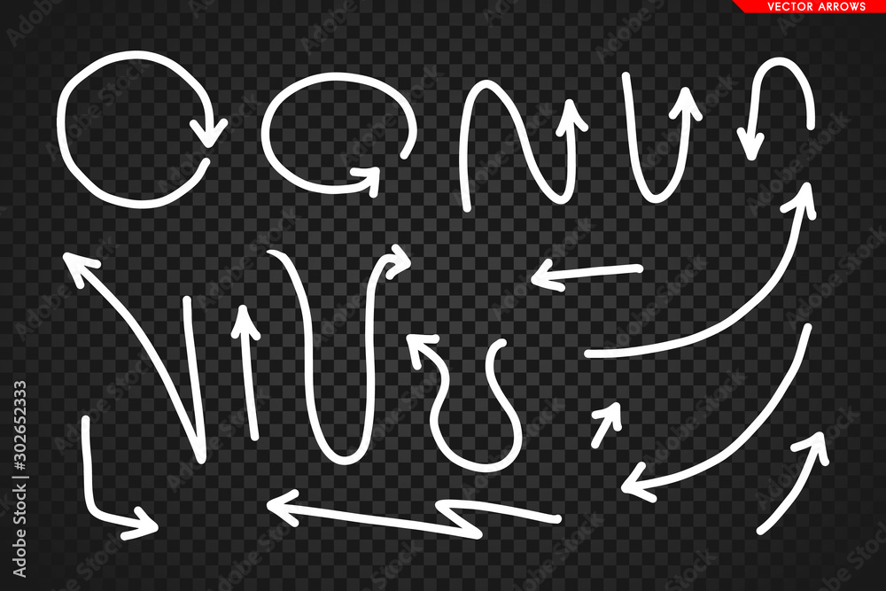 Arrows vector. Hand drawn arrows isolated on dark transoarent background.
