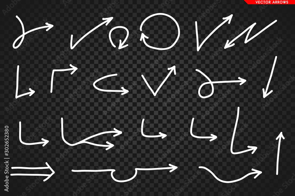 Arrows vector. Hand drawn arrows isolated on dark transoarent background.