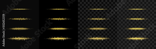 Set of golden sparkling star dust. Gold sparkling magic vector path with golden particles isolated on black and transparent background. Shiny bright trail, glowing waves, flickering illustrations