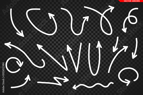 Obraz na płótnie Arrows vector. Hand drawn arrows isolated on dark transoarent background. w salonie