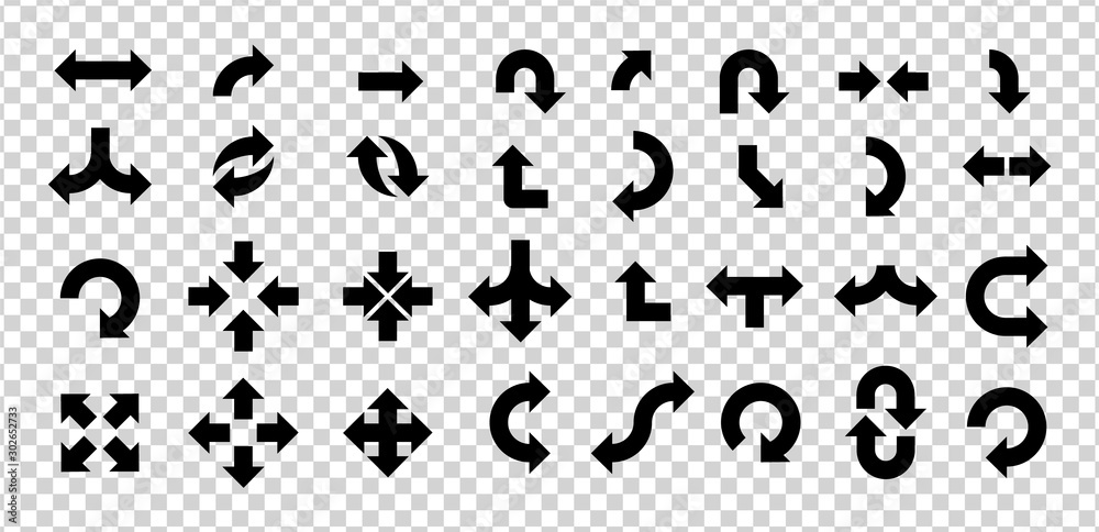 Arrows vector. Flat balck arrows isolated on transoarent background.